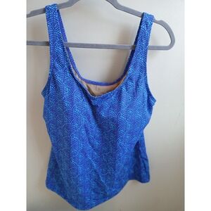 L.L.Bean Womens Swim Top Blue Abstract Print Tank Style UPF 50 Size 14